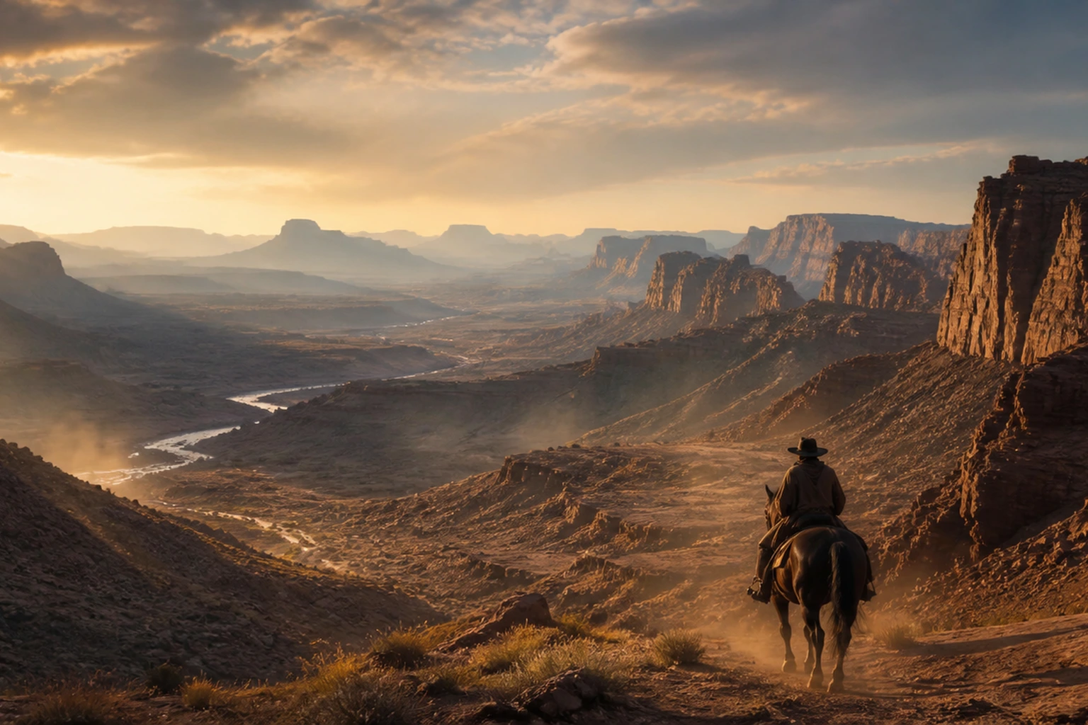 A film still of a lone rider crossing a desert canyon at golden hour.