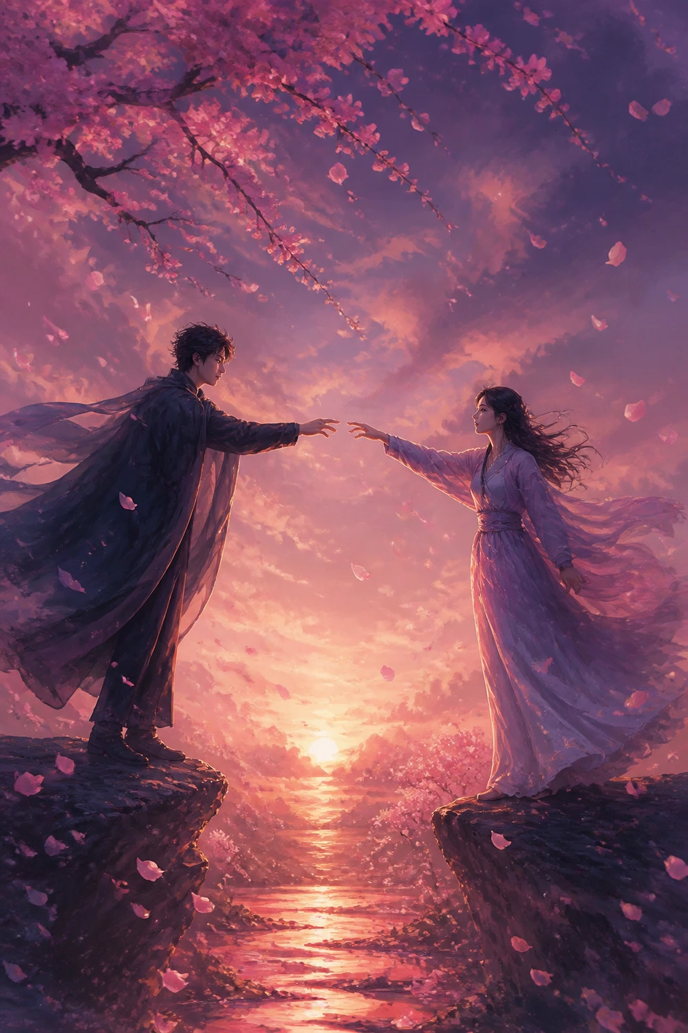 Poster art for Petals — two people reaching toward each other under cherry blossoms.